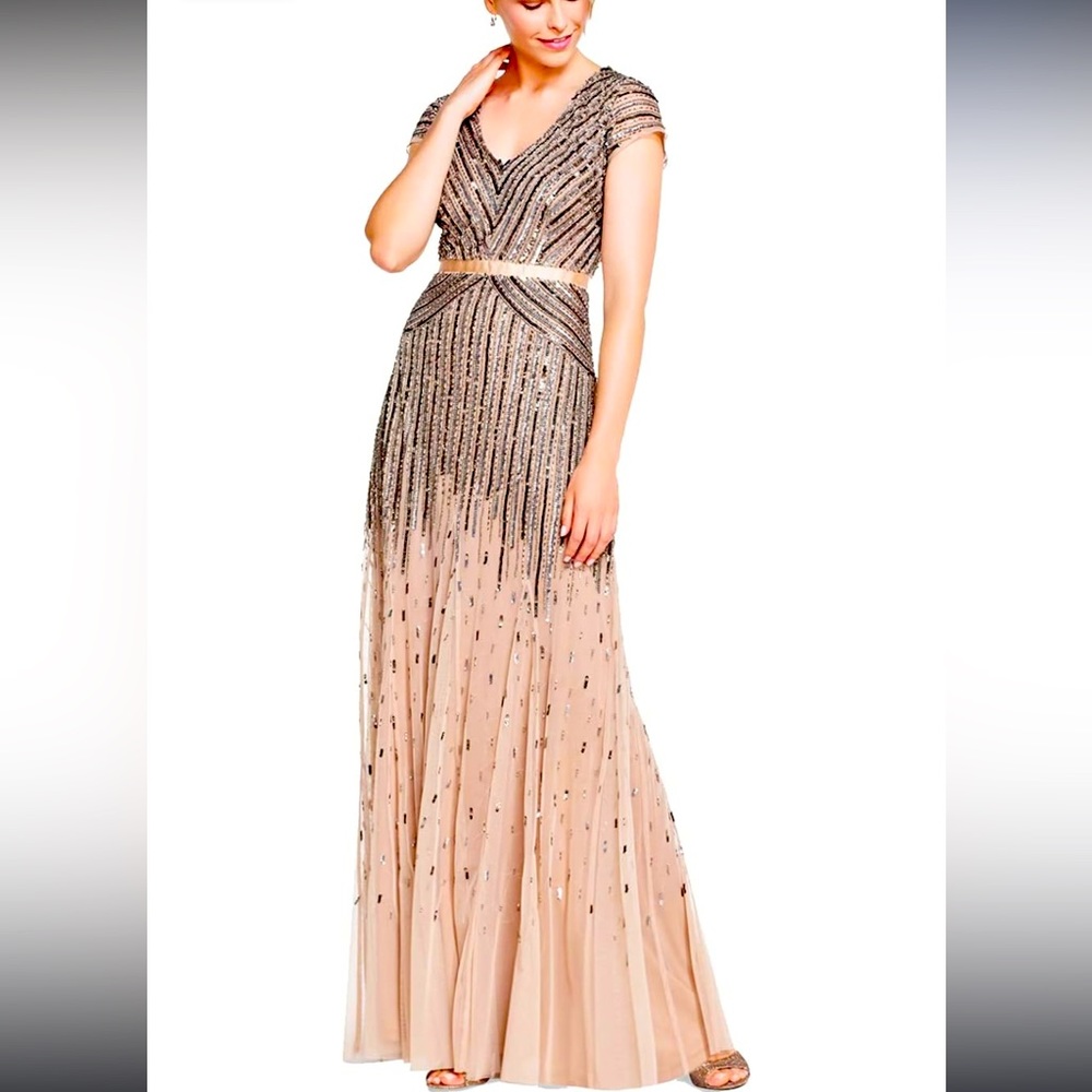 Adrianna Papell Nude women’s cap sleeve linear beaded gown 10P